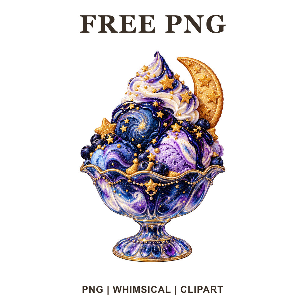 Galaxy ice cream sundae in a pedestal bowl with purple and blue swirls, gold stars and a crescent moon, free PNG