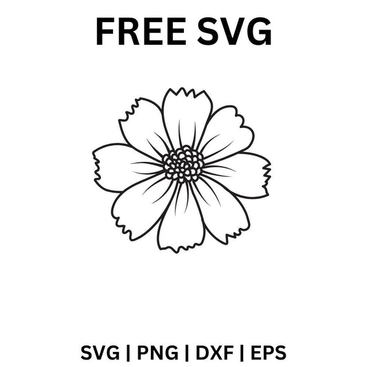 Black line art cosmos style flower with eight notched petals and a textured round center, free single bloom flower SVG cut file preview.