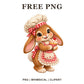 Brown bunny baker in a white chef hat and red gingham apron holding a strawberry cupcake, free cottage baker bunny PNG
