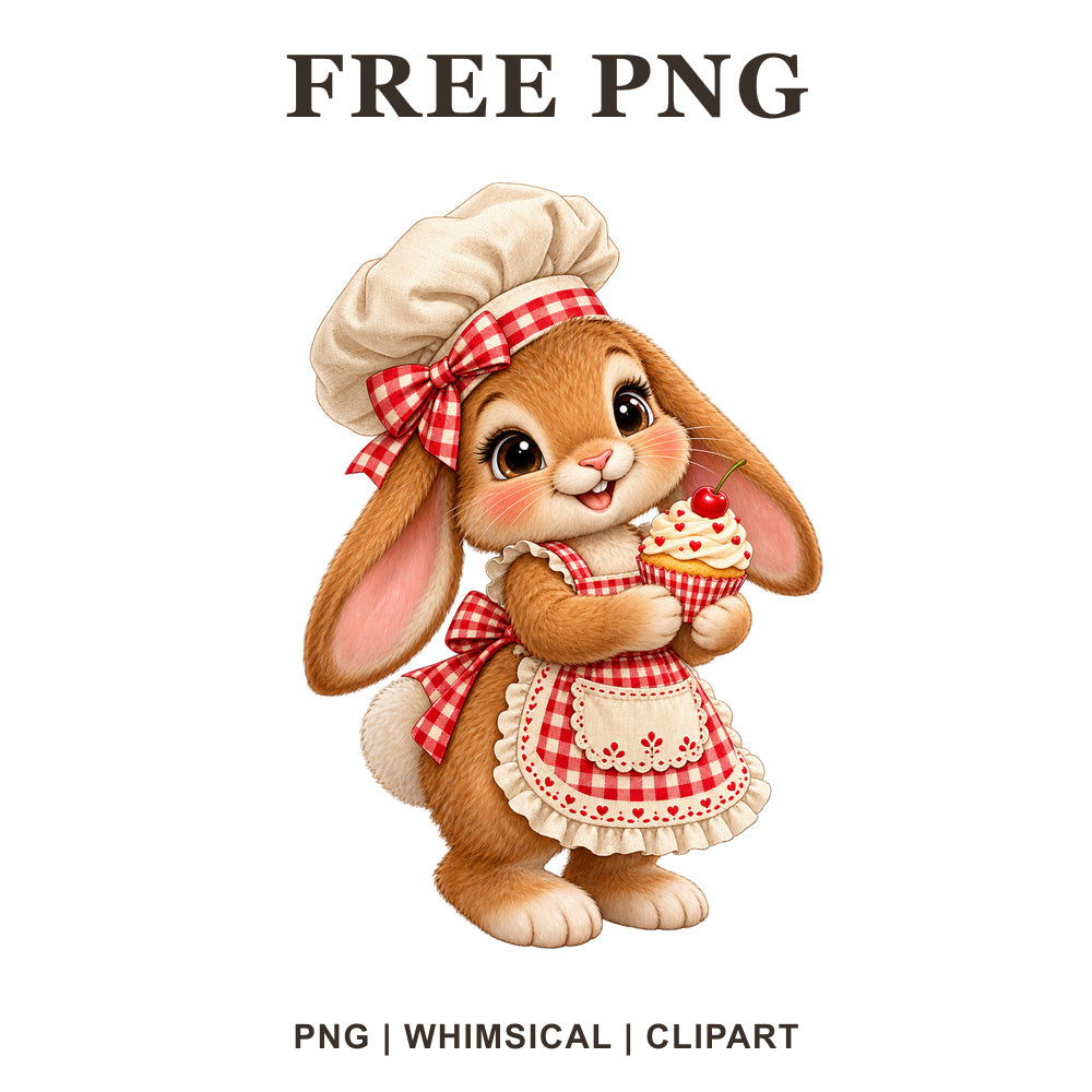 Brown bunny baker in a white chef hat and red gingham apron holding a strawberry cupcake, free cottage baker bunny PNG
