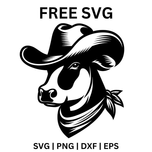 Black and white cow head wearing a cowboy hat with a paisley bandana tied around its neck, free cowboy cow SVG cut file preview.