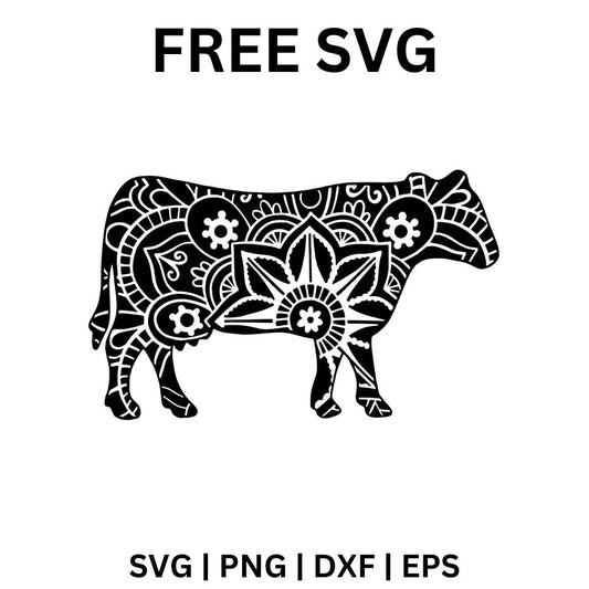 Black standing cow silhouette filled with white floral mandala flowers and paisley swirls, free mandala cow SVG cut file preview.