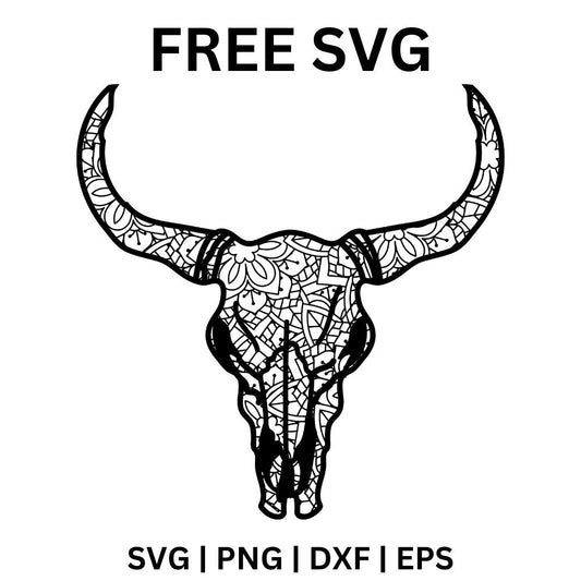 Black and white cow skull with wide curved horns filled with intricate mandala floral patterns, free cow skull mandala SVG cut file preview.