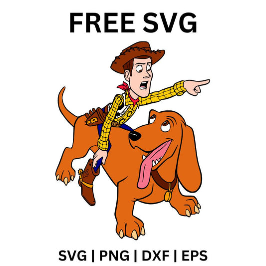 Cartoon cowboy doll in a yellow hat and vest riding a galloping brown toy horse while pointing ahead, free cowboy doll SVG cut file preview.