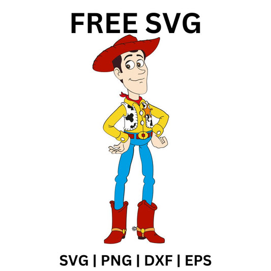 Cartoon cowboy doll in a brown hat, yellow plaid shirt, cow print vest and blue jeans standing with a friendly smile, free cowboy doll SVG cut file preview.