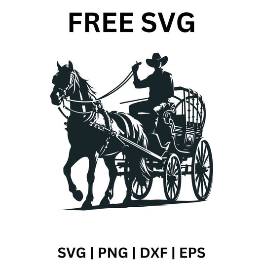 Black silhouette of a cowboy in a hat driving a horse pulling an old wooden carriage with spoked wheels, free horse carriage SVG cut file preview.