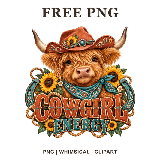 Highland cow in a rust cowboy hat and teal bandana with sunflowers and a lasso above Cowgirl Energy lettering, free western highland cow PNG
