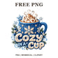 Blue knit winter mug of hot cocoa with marshmallows and snowflakes above Cozy in a Cup lettering, free winter coffee PNG