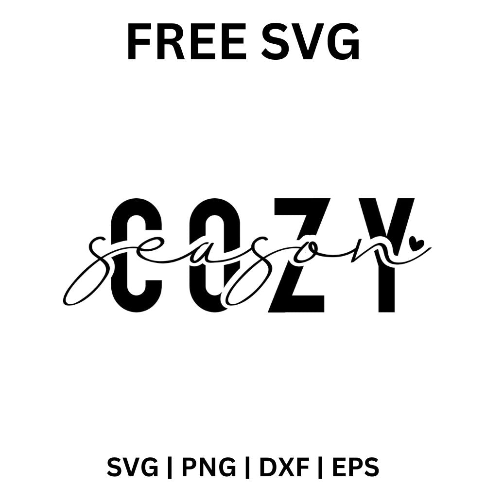 Bold black COZY block letters crossed by a thin season script with a small heart, free cozy season SVG cut file preview.