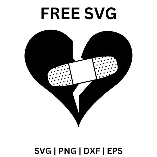 Solid black cracked heart patched with a white dotted bandage across the middle, free bandaged heart SVG cut file preview.