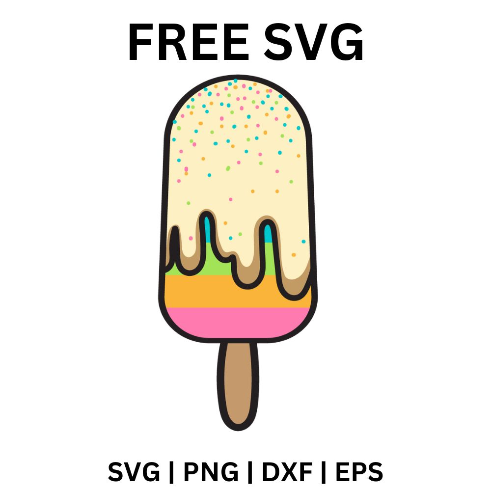 Cream popsicle on a wooden stick with pastel pink, blue and yellow dripping layers and colorful sprinkles on top, free ice cream pop SVG cut file preview.