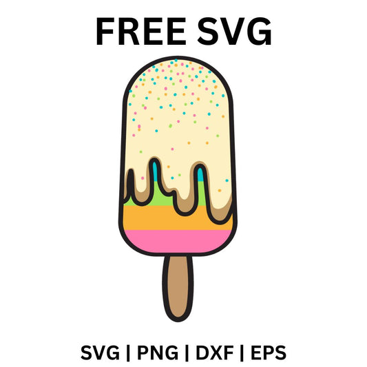 Cream popsicle on a wooden stick with pastel pink, blue and yellow dripping layers and colorful sprinkles on top, free ice cream pop SVG cut file preview.