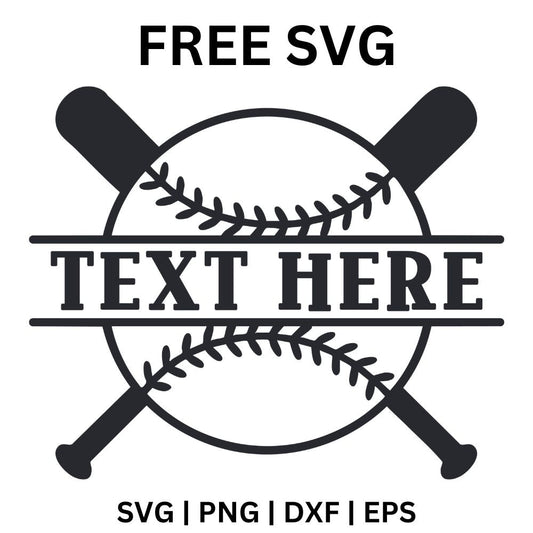 Softball with stitched seams split by a Text Here name banner over two crossed bats, free softball name frame SVG cut file preview.
