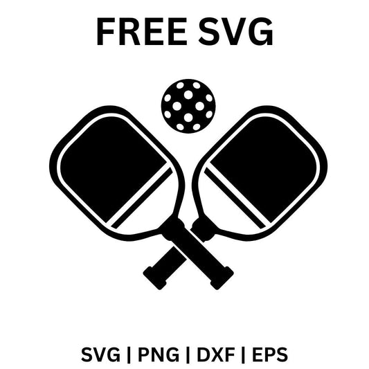 Two crossed black pickleball paddles beneath a round holey pickleball, free pickleball paddles SVG cut file preview.