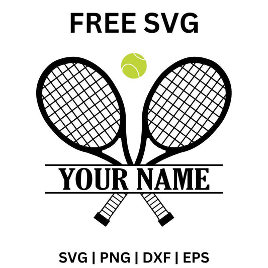 Two crossed black tennis rackets under a green tennis ball with a YOUR NAME banner across the middle, free personalized tennis SVG cut file preview.