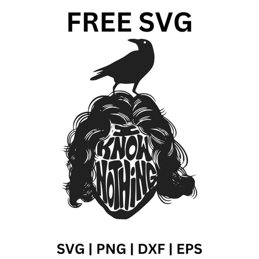 Black crow perched on top of a curly haired head silhouette with Know Nothing lettering filling the face, free fantasy quote SVG cut file preview.