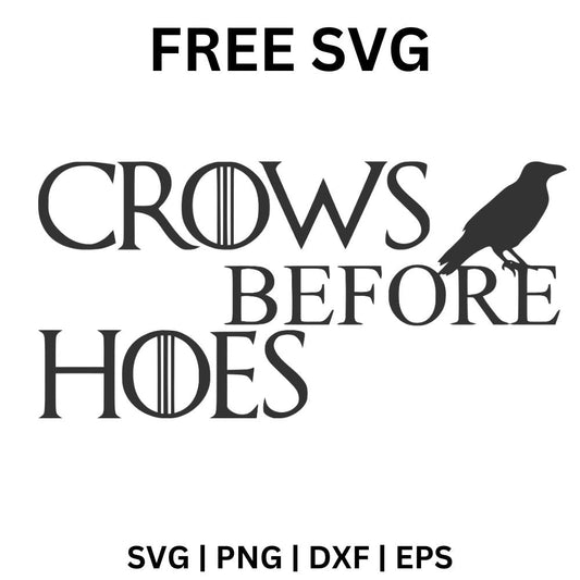 Black serif funny Crows Before quote lettering with a black crow perched on the top word, free crow quote SVG cut file preview.