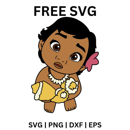 Curious baby island girl with big brown eyes and a pink flower in her hair hugging yellow seashells, free baby island girl SVG cut file preview.