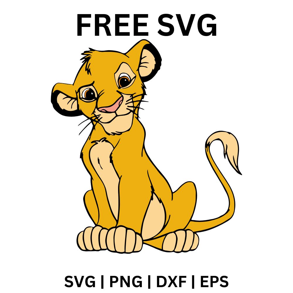 Curious golden lion cub sitting upright with a slight head tilt, a small smile and a long curled tail, free lion cub SVG cut file preview.