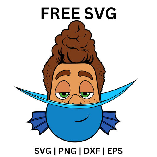 Cartoon boy with curly tan hair whose lower face turns into a blue finned sea monster with a wide grin, free sea monster boy SVG cut file preview.