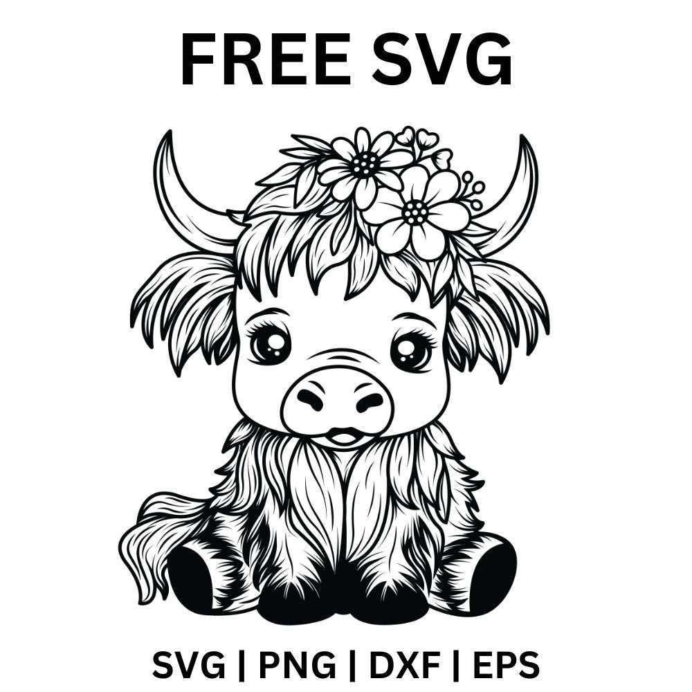 Cute big-eyed baby highland cow with small horns and a daisy flower crown sitting with its legs tucked, free baby cow daisy crown SVG cut file preview.