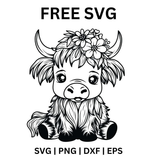 Cute big-eyed baby highland cow with small horns and a daisy flower crown sitting with its legs tucked, free baby cow daisy crown SVG cut file preview.