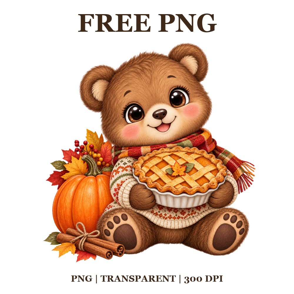 Cute Bear Pumpkin Pie Thanksgiving Free PNG – Thanksgiving Bear Clipart