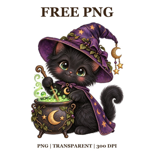 Cute Black Cat Witch Cauldron Free PNG – Halloween Witch Cat Clipart-8SVG