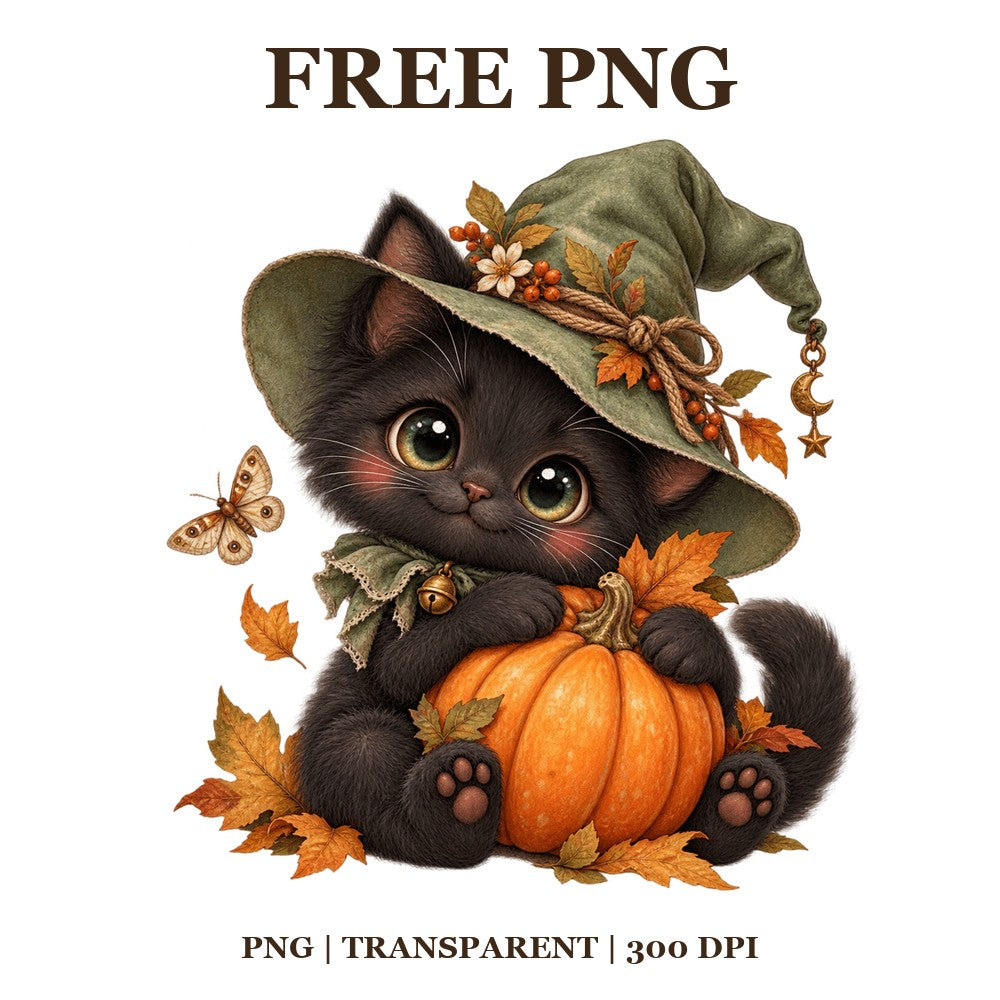 Cute Black Cat Witch Pumpkin Free PNG – Cute Witch Cat Clipart