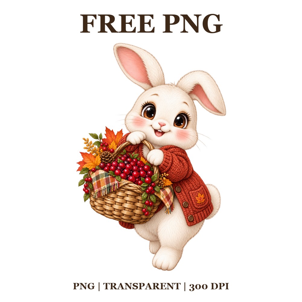 Cute Bunny Cranberry Basket Free PNG – Thanksgiving Bunny Clipart