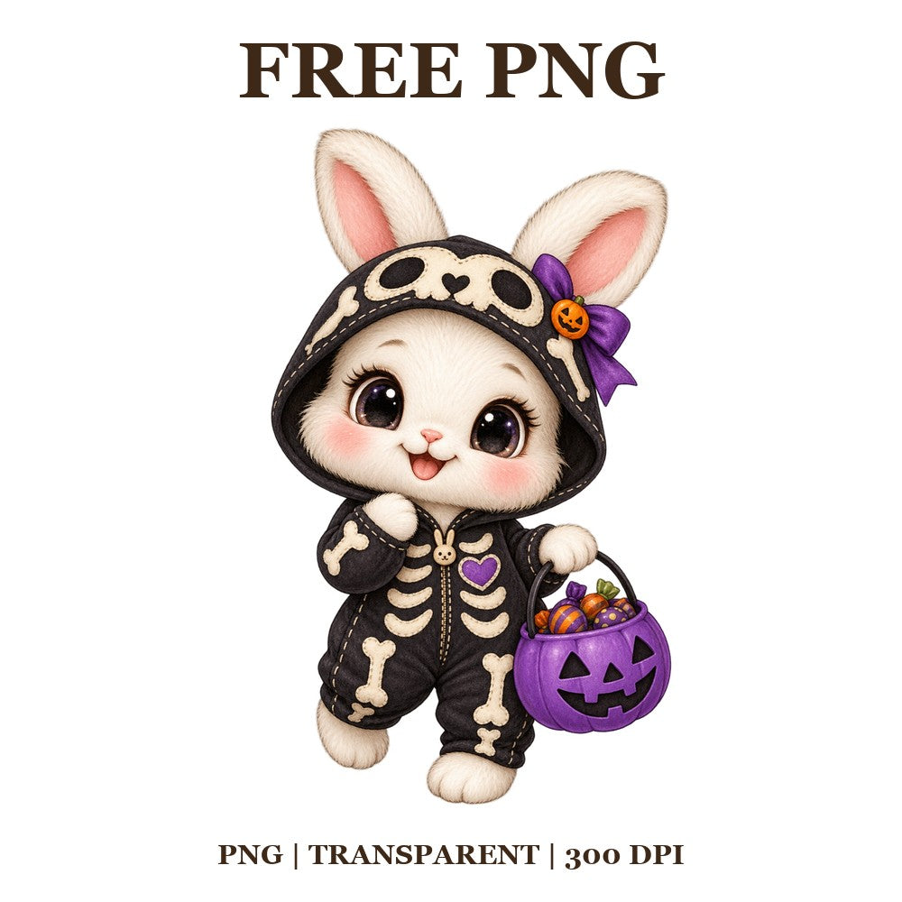 Cute Bunny Skeleton Costume Free PNG – Halloween Bunny Clipart