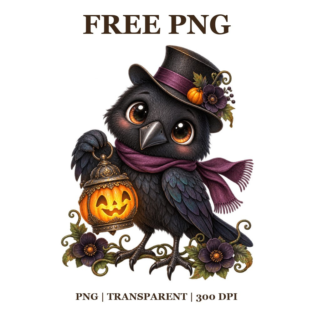 Cute Crow Pumpkin Lantern Free PNG – Halloween Crow Clipart
