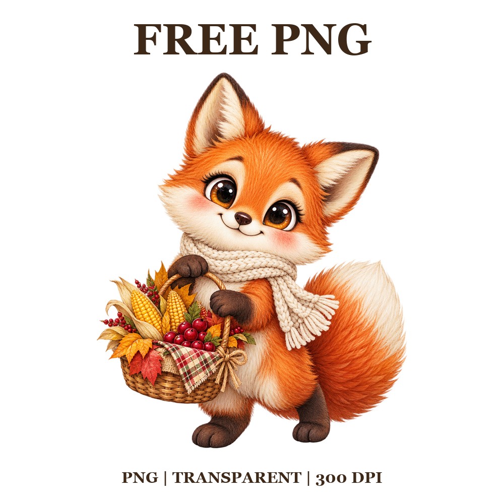 Cute Fox Harvest Basket Free PNG – Thanksgiving Fox Clipart