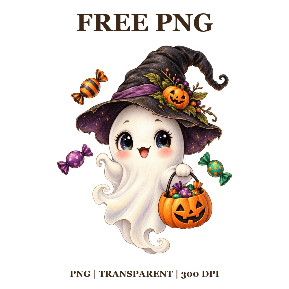 Cute Ghost Trick Or Treat Free PNG – Cute Halloween Ghost Clipart