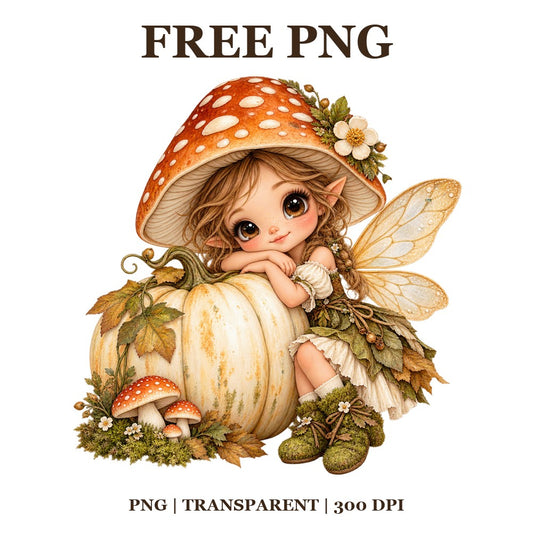 Cute Mushroom Fairy White Pumpkin Free PNG – Woodland Fairy Autumn Clipart-8SVG