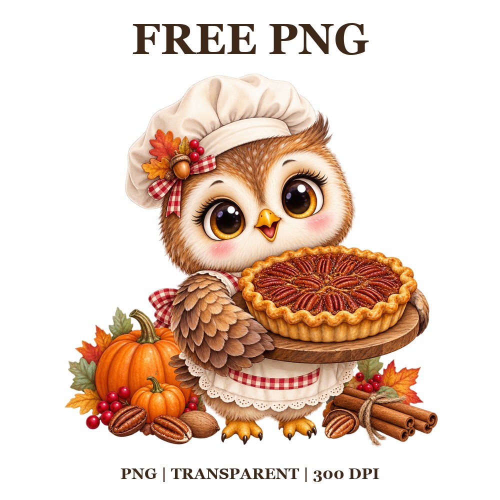 Cute Owl Pecan Pie Baker Free PNG – Thanksgiving Owl Clipart