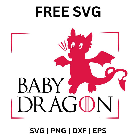 Cute red cartoon baby dragon with small wings and a curled tail above black and red serif Baby Dragon lettering, free baby dragon SVG cut file preview.