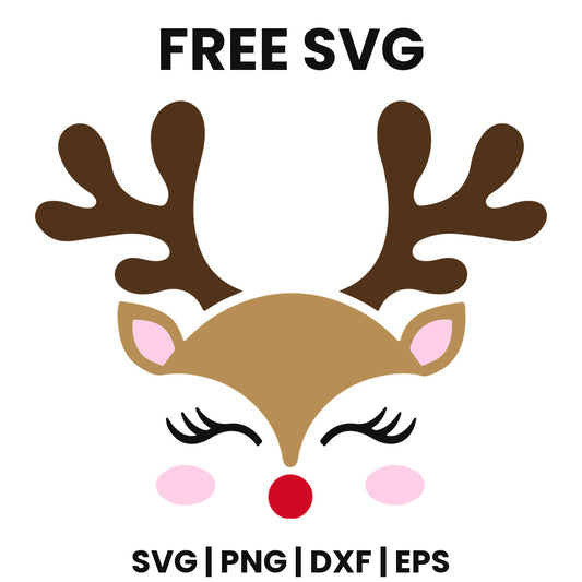 Cute tan reindeer face with dark brown antlers, pink inner ears, closed lashes, pink cheeks and a red nose, free Christmas reindeer SVG cut file preview.