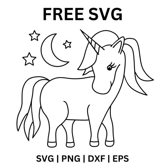 Black line art of a cute standing unicorn with a flowing mane next to a crescent moon and stars, free unicorn moon outline SVG cut file preview.