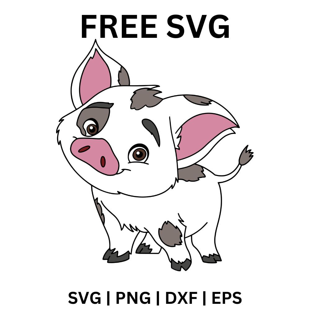 Cute white piglet with gray spots, big pink ears and a curly tail tilting its head with a sweet look, free spotted piglet SVG cut file preview.