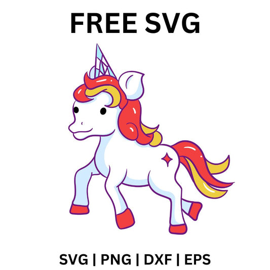 Cute white cartoon unicorn with a pale blue horn, red and yellow mane and tail, red hooves and a star on its hip, free unicorn SVG cut file preview.