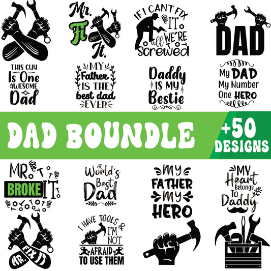 Dad SVG bundle preview in black with hammer and wrench fists, Mr. Fix It, World's Best Dad and My Father My Hero designs