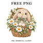 Fluffy cream bunny with a sage green bow sitting in a wicker basket of white daisies, free Easter bunny PNG