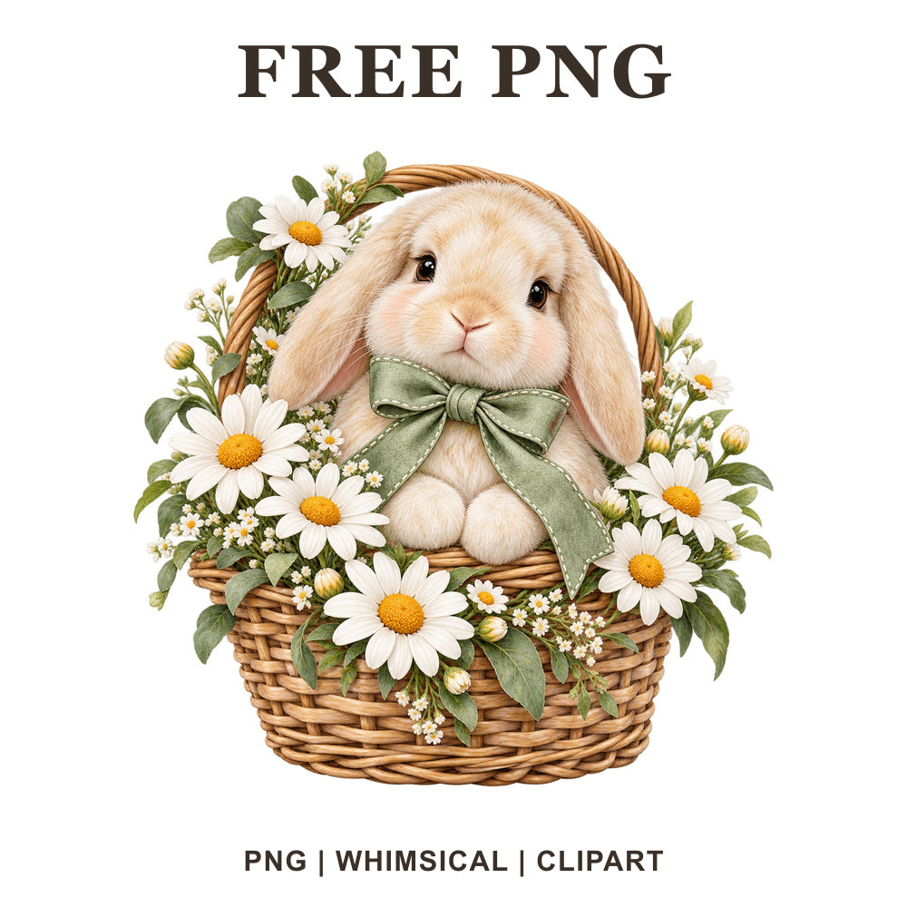 Fluffy cream bunny with a sage green bow sitting in a wicker basket of white daisies, free Easter bunny PNG