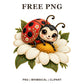 Cute red ladybug clipart with floral spots resting on a large white daisy with a yellow center, free daisy ladybug PNG