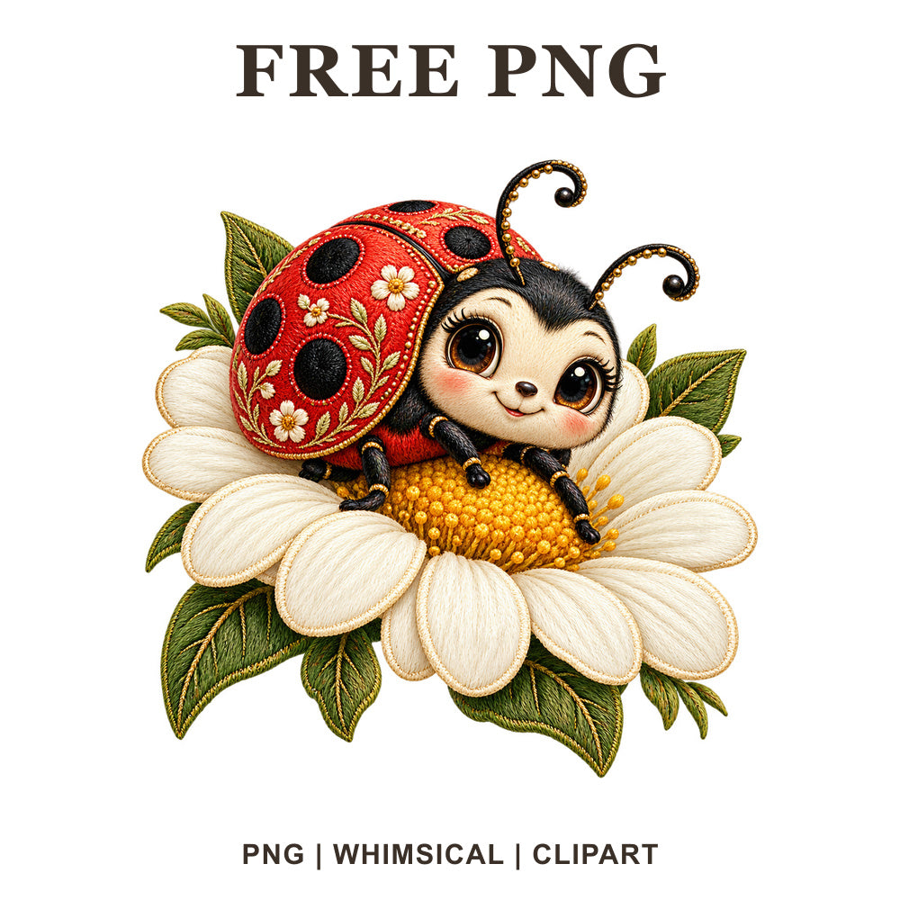 Cute red ladybug clipart with floral spots resting on a large white daisy with a yellow center, free daisy ladybug PNG