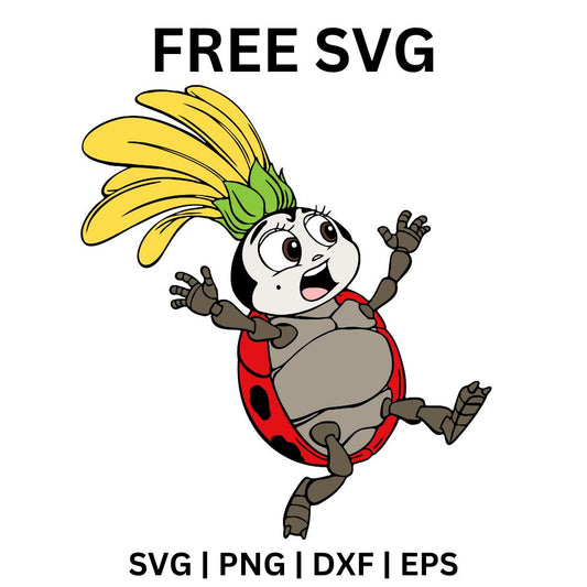Silly cartoon ladybug dancing with arms out wearing a tall yellow and green leaf headdress, free dancing ladybug SVG cut file preview.
