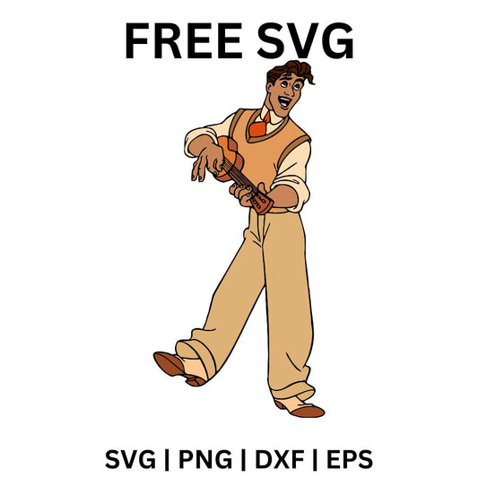 Cheerful cartoon prince in a sweater vest and loose trousers dancing while strumming a small ukulele, free dancing prince SVG cut file preview.