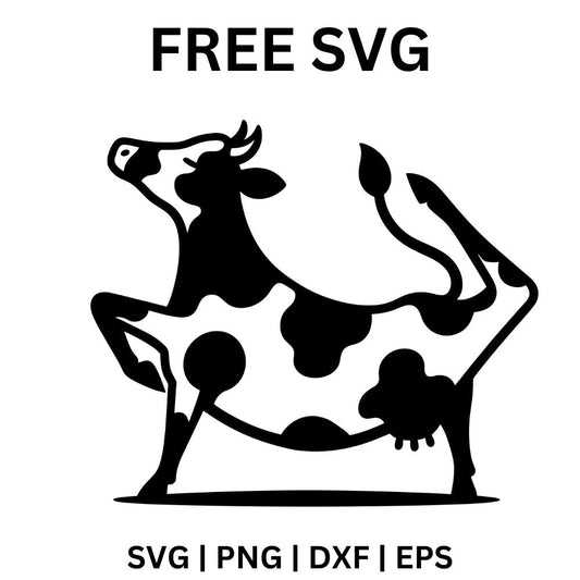 Spotted cartoon cow dancing upright on its hind legs with one leg kicked high and arms flung out, free dancing cow SVG cut file preview.