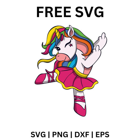Cartoon unicorn girl with a rainbow mane in a pink tutu, leg warmers and ballet shoes striking a dance pose, free dancing unicorn girl SVG cut file preview.